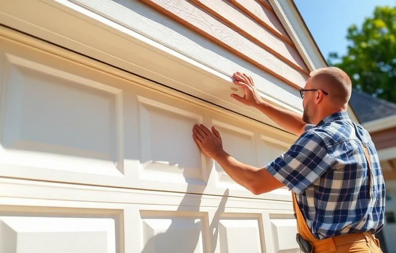 Homeowner inspecting garage door weatherstripping in summer